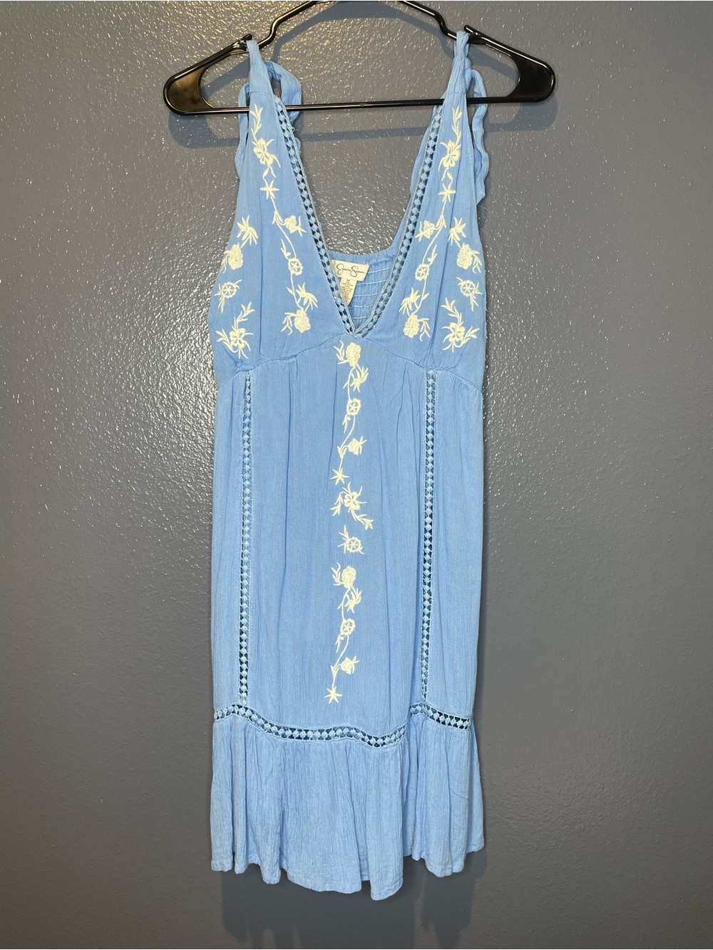 Jessica Simpson Blue Embroidered Tie Strap Boho Sundress Size Medium SKU018